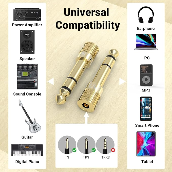 Cubilux 6.35mm to 3.5mm Audio Adapter, Gold Plated 1/4” Male to 1/8” Female TRS Stereo AUX Connector Converter for Guitar Keyboard Digital Piano Studio Monitor Amplifier Mixer Splitter, 6-Pack