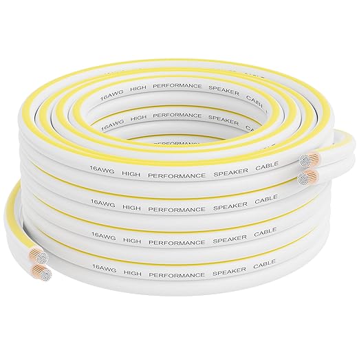 Mygatti 14AWG Speaker Wire 50 FT, 14/2 Gauge Audio Speaker Wire, for Car Speakers Stereo, Home Theater, Automotive Wire, White Jacket with Yellow Polarity Marker, CCA, 2 Conductors Electrical Wire