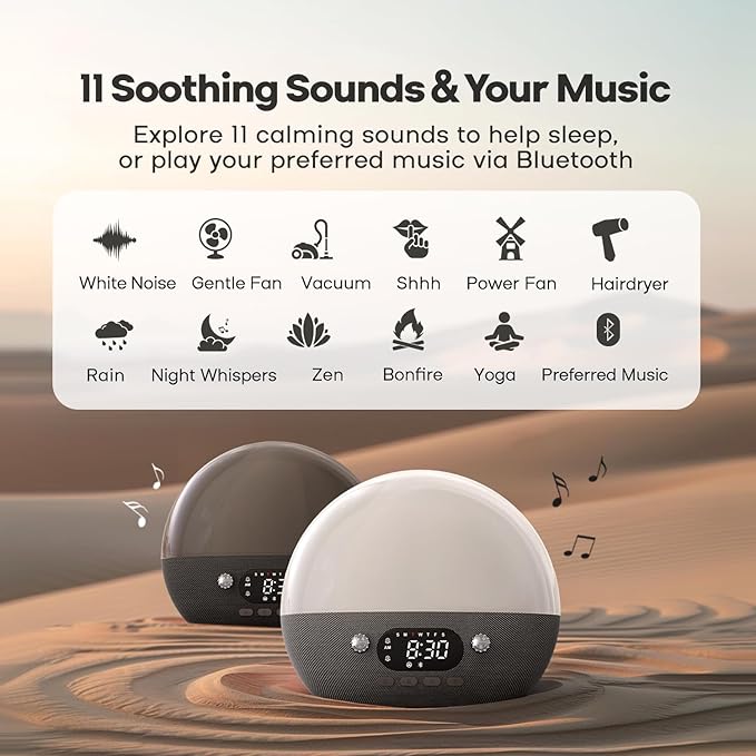 Dekala RestOnn Sunrise Alarm Clock Sunset Sound Machine 7-Day Programmable Loud Dual Alarm Clock, White Noise Natural Sounds for Sleeping Bluetooth Speaker Amber Night Light