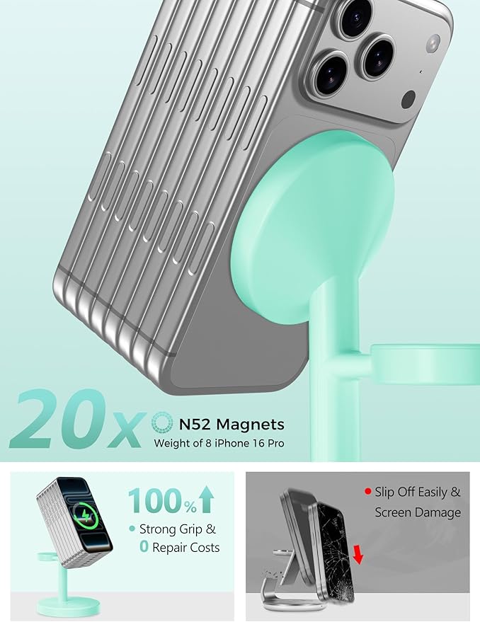 Aeinidi 2026 3 in 1 Wireless Charging Station Compatible with MagSafe, 15W Fast Magnetic Mag-Safe Charger Stand for Apple iPhone 17 16 15 14 13 12 iWatch AirPods Pro 4 3 2, LightGreen