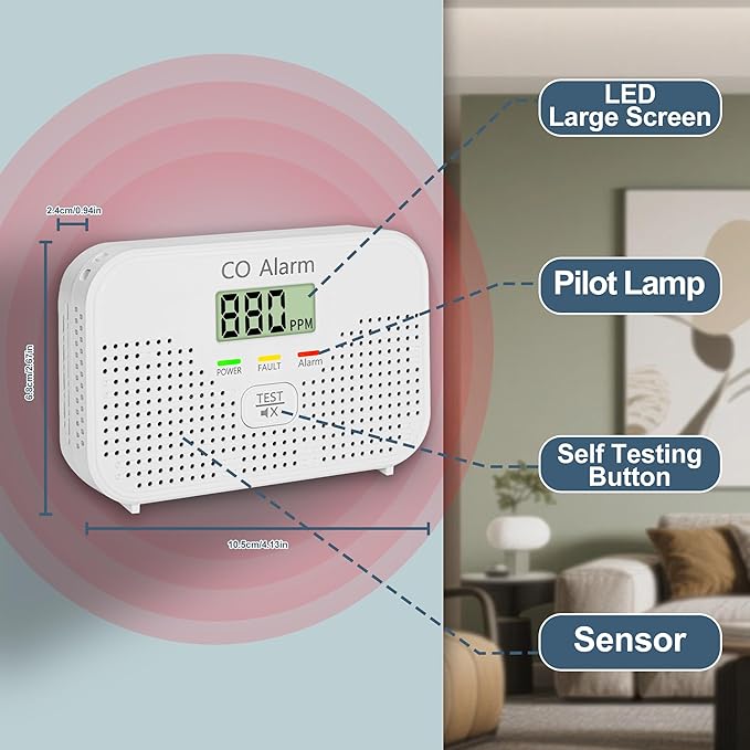 Carbon Monoxide Detector Powered by AA Battery (not Included), CO Monitoring Alarm with LCD Display Screen, Used for Home Basement Kitchen, Hotel Garage, Bedroom, Living Room Voice Alarm 6 Pack
