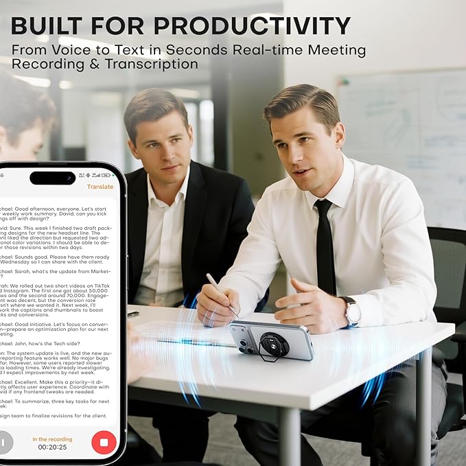 AI Voice Recorder, Transcribe & Summarise with AI Technology 64GB Memory Device Magnetic Phone Stand Offline/Online Translation Support 127 Languages for Lectures, Meetings, Calls, Travel