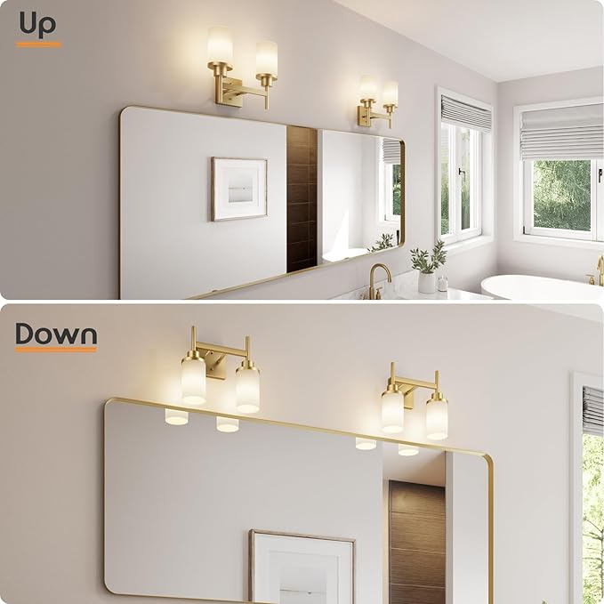 AONEON Vanity Lighting Fixtures with White Frosted Glass Shade, Double Wall Lamps for Bathroom Mirror Bedroom Living Room Washroom Porch, Gold T001GD-L2