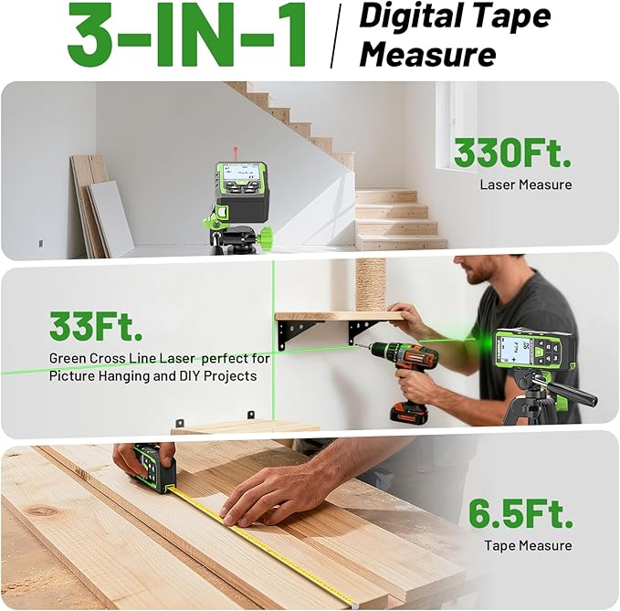 Laser Measure Device 3-in-1, Huepar 330ft Laser Measurement Tool & 33ft Cross Laser Level & 6.5ft Tape Measure, Rechargeable, Voice Broadcast, Multi-Mode, Rugged for Construction & Home Use, SW-T100