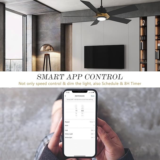 SMAAIR Smart Ceiling Fans with Lights and Remote, 52 Inch Low Profile Ceiling Fan with Dimmable LED Light, 10-Speed Reversible DC Motor Works with APP/Alexa/Google Assistant/Siri Control(Black/Gold)