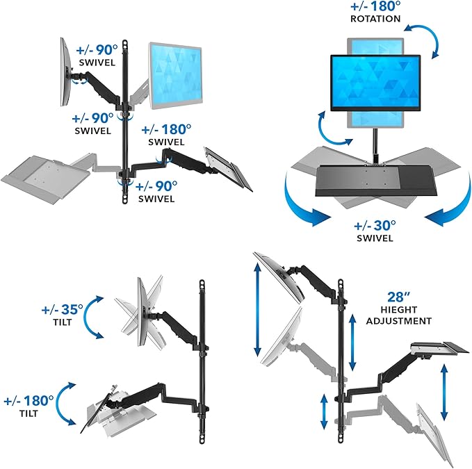 Mount-It! Wall Mount Workstation with Single Monitor Mount, Keyboard Tray and CPU Holder, Height Adjustable Full Motion Arms, Fits One 32 Inch Computer Screens