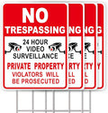 NO Trespassing Signs Private Property Video Surveillance Sign, Large 4-Pack 13"x10" Double-Sided Signs, Corrugated Plastic, H-Metal Stakes, Outdoor Yard Sign for Home and Front Door Land, and Garden, Lawn