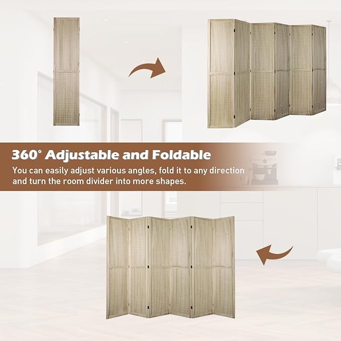 ECOMEX 6 Panel Room Divider, 5.6Ft Pegboard Display Wooden Folding Privacy Screen Freestanding Peg Board for Trade Show Craft Show Home Wall Organizer, Natural Wood