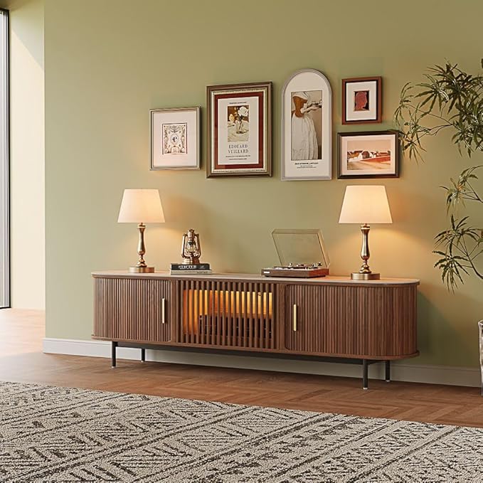 POVISON Fully-Assembled Mid Century Modern Black TV Stand with White Matte Travertine Stone Tabletop & LED Lights, Rolling Door Media Console, Wood TV Console for Living Room