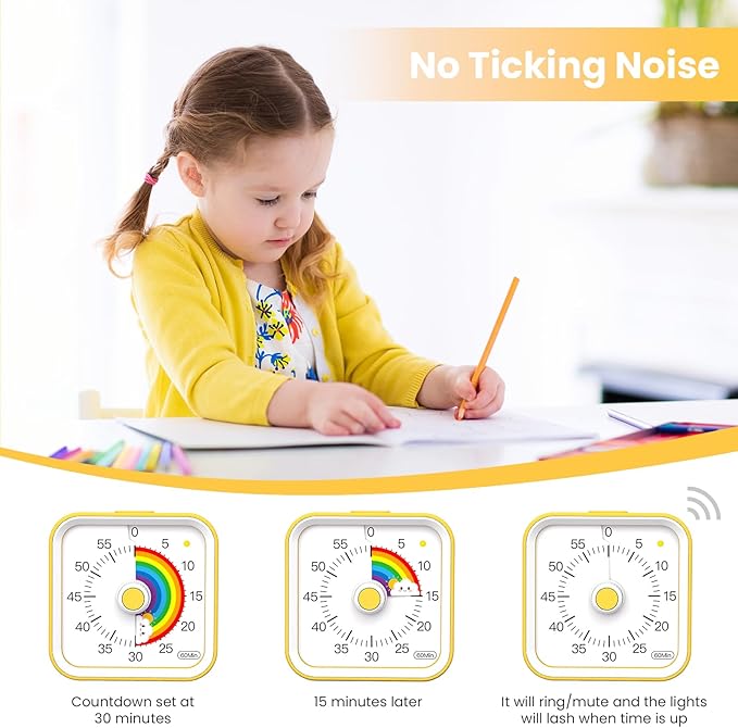 InfPokid Visual Timer for Kids with Pause Function, Cute Silent Timer with Rainbow for Classroom, Teaching, Task, Kitchen, 60 Minute Countdown Time Management for ADHD (Rainbow Yellow)