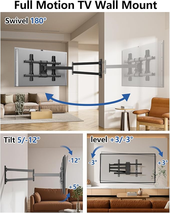 FORGING MOUNT Long Arm Corner TV Wall Mount for 32-75 inch TVs,Single Stud Full Motion Articulating TV Mount Bracket with 33” Extension, Swivel Tilt, Max VESA 600x400mm, Holds up to 100 lbs