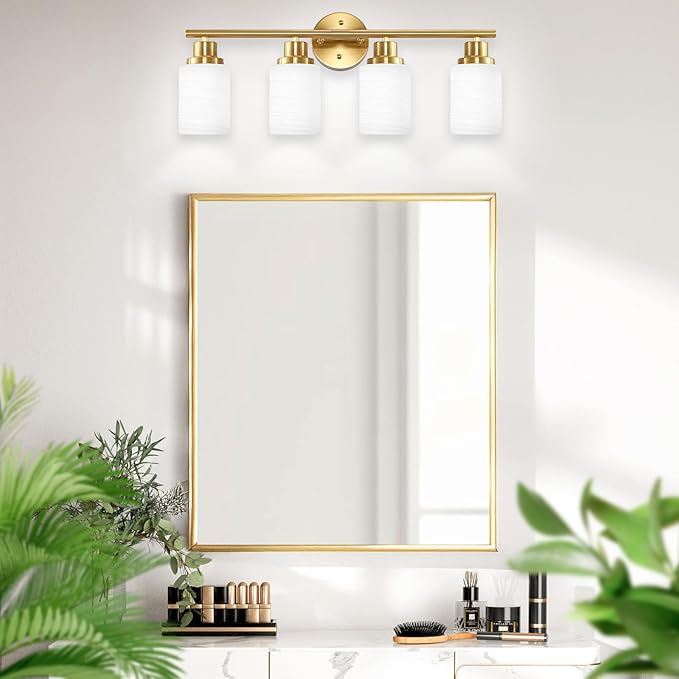 Guliaofo 4-Light Vanity Lights, Brushed Gold Bathroom Light Fixture with Striped Textured Milky White Glass Shade, Modern Vanity Lighting Fixture for Bathroom Wall Light Over Mirror, E26 Wall Sconce