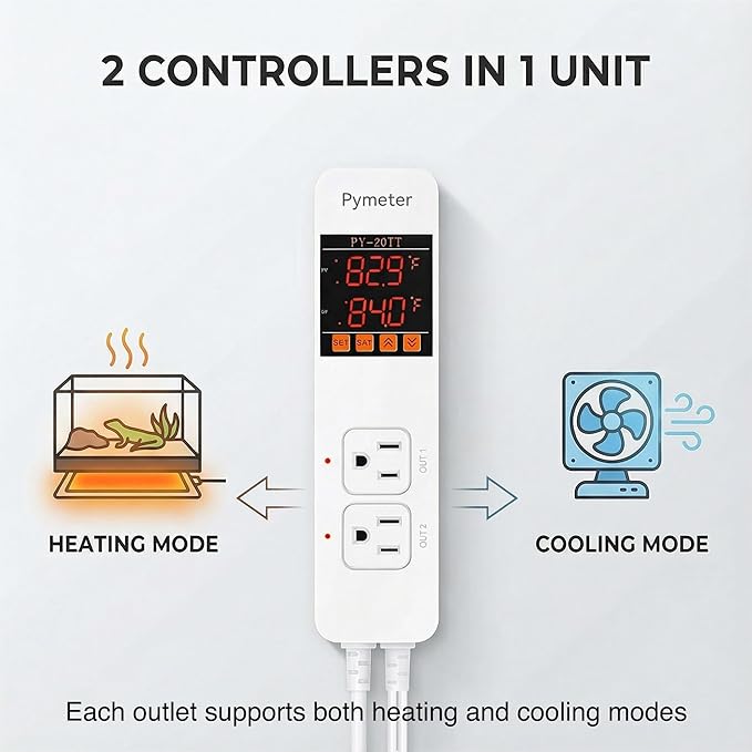 Pymeter 2 in 1 Digital Temperature Controller Dual Outlet Heat Mat Thermostat Reptile Greenhouse Heater Home Brewing Freezer Cooling Heating Pad Control 16A 1920W