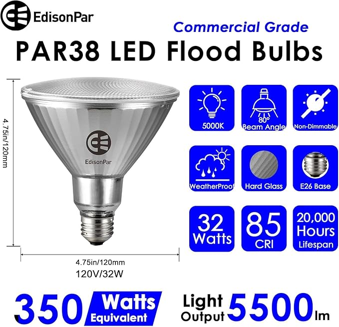 EdisonPar Full-Glass PAR38 LED Flood Light Bulbs Outdoor/Indoor Equivalent 350 Watt, 5500 Lumens Ultra Bright, Non-Dimmable Waterproof 5000K Daylight, 2-Pack