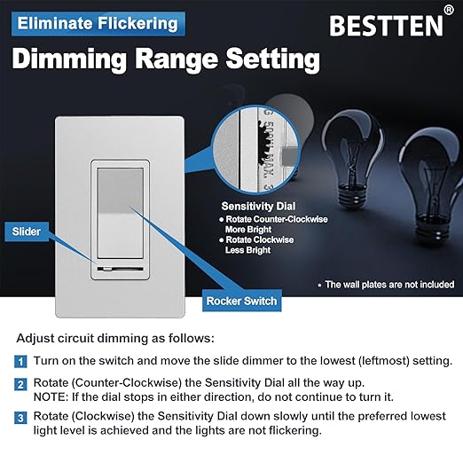 BESTTEN Matte Silver Dimmer Light Switch, Single Pole or 3-Way, Compatible with Dimmable LED, CFL, Incandescent and Halogen Bulb, 120VAC, Signature Collection Series, UL Listed