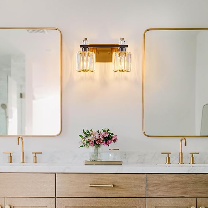 FDPBY Bathroom Vanity Lights 2-Light Black Gold Modern Crystal Vanity Light Fixtures Over Mirror Crystal Bathroom Vanity Lighting Fixtures