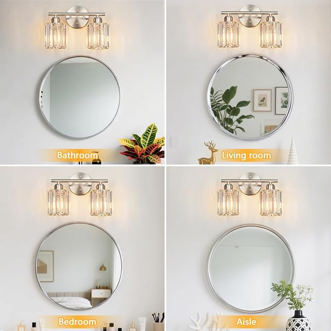 FDPBY Modern 2 Light Crystal Vanity Light, Brushed Nickel Vertical Bathroom Light Fixture Over Mirror for Dressing Table Sink, Compatible with Dimmable Bulbs (Bulbs Not Included)