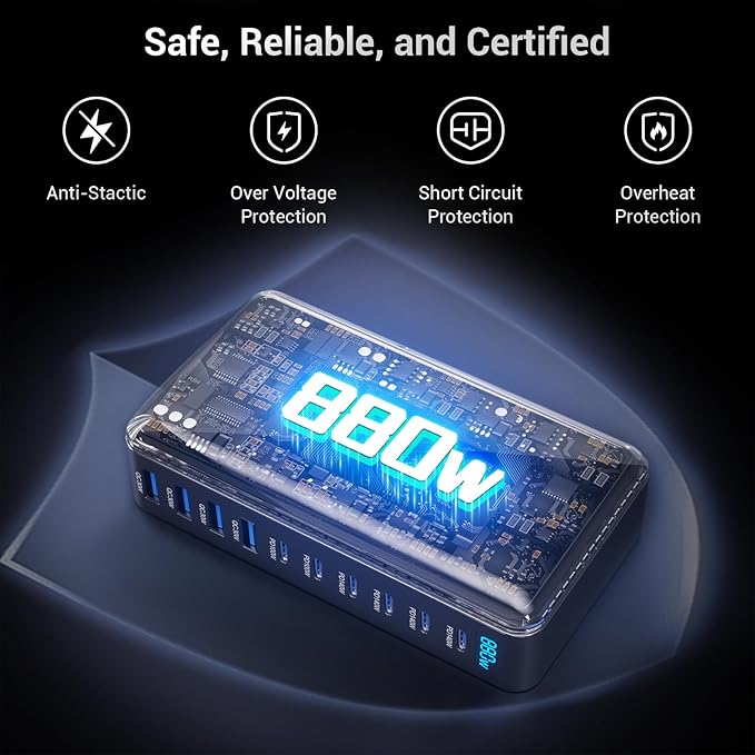 Zeroffi 880W USB C Charger Block, 10-Port USB Fast Charging Station Hub, Desktop Charging Station for Multiple Devices for MacBook Pro/Air, DELL, iPad, iPhone, Samsung Galaxy