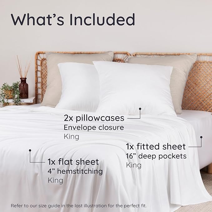 Bambaw King Sheets Set 4pcs – 100% Viscose Derived from Bamboo Sheets King Size Deep Pocket, Fits Up to 16'', Luxury Bedding, Super Soft Sheets King Size, Cooling Sheets King Size (White)