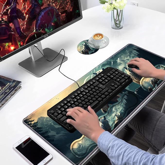 Ergonomic Keyboard Wrist Rest & Mouse Pad Wrist Rest Set, Large XXL Gaming Desk Mat 31.5"x 11.8" with Non-Slip Base, Memory Foam, Easy Typing Pain Relief for Home & Office, White Wolf