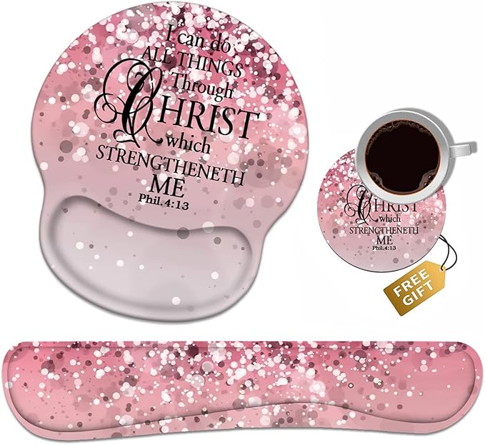 Keyboard Wrist Rest + Mouse Pad Wrist Support Set with Coasters, Non-Slip PU Base Ergonomic Mousepad for Home Office Working Studying Easy Typing & Pain Relief, Pink Background Bible Verse Phil 4-13