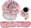 Keyboard Wrist Rest + Mouse Pad Wrist Support Set with Coasters, Non-Slip PU Base Ergonomic Mousepad for Home Office Working Studying Easy Typing & Pain Relief, Pink Background Bible Verse Phil 4-13