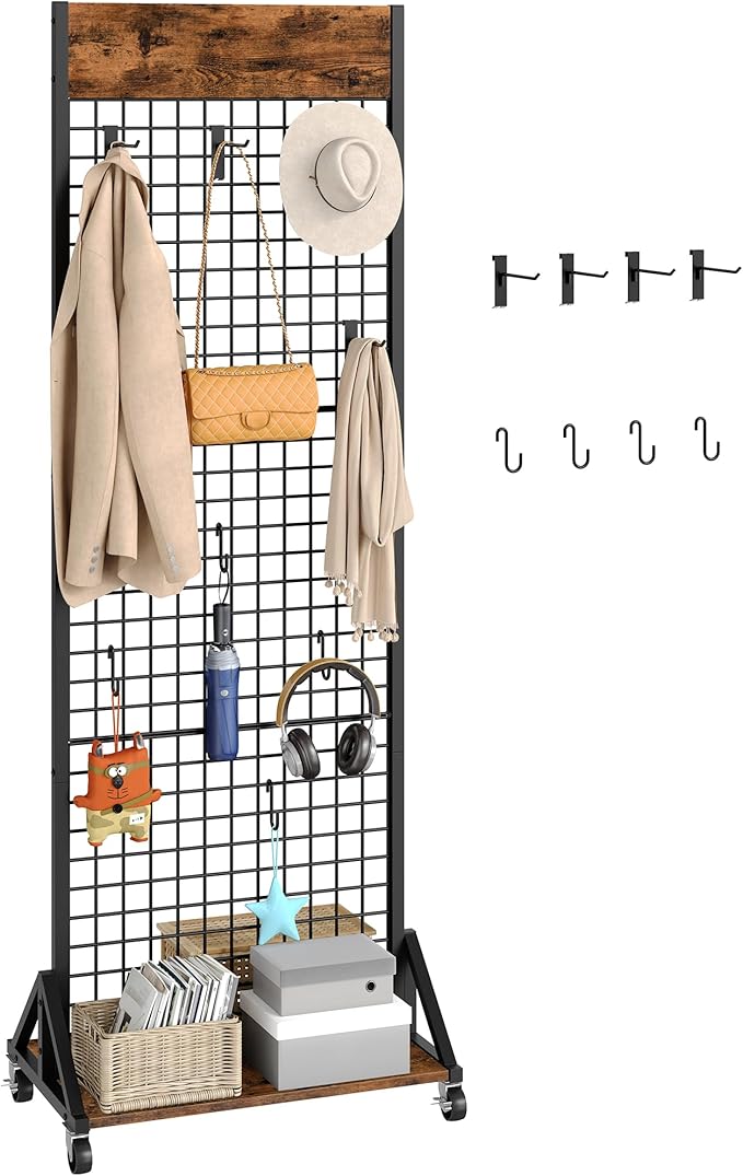 CHOEZON Grid Wall Panel, 2’ x 5.7’ Ft Floor Standing Gridwall Display Rack, Retail Display Stand, with 4 S-Shaped Hooks and 4 Garment Hooks for Entryway Kitchen Outdoor, Rustic Brown and Black TCJ27BF