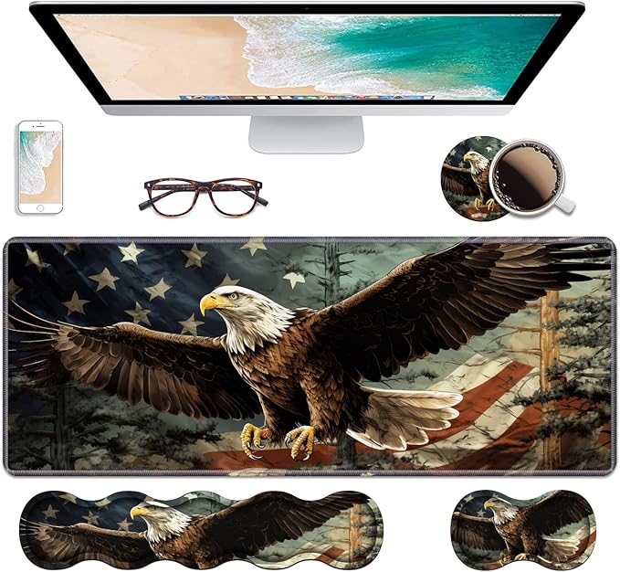 Ergonomic Keyboard Wrist Rest & Mouse Pad Wrist Rest Set,Large Gaming Desk Mat 31.5"x 11.8" with Non-Slip Base,Memory Foam,Easy Typing Pain Relief for Home & Office,Patriotic American Flag Bald Eagle