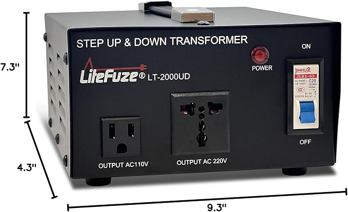 LiteFuze 2000 Watt Voltage Converter Transformer Step Up/Down - 110v to 220v / 220v to 110v Power Converter - Fully USA Grounded Cord - Universal Outlet Socket, 2x US Outlets - CE Certified