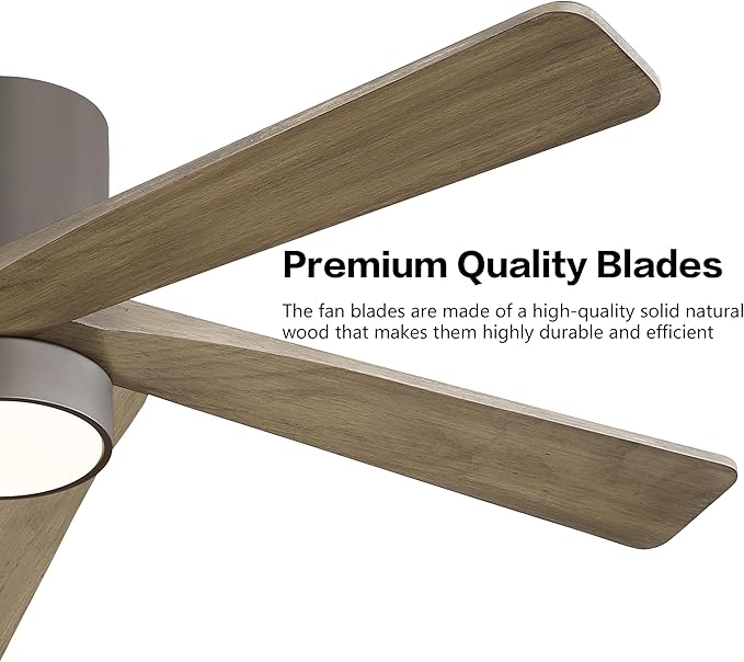 WINGBO 48 Inch Flush Mount DC Ceiling Fan with Lights and Remote, 5 Reversible Carved Wood Blades, 6-Speed Noiseless DC Motor, Hugger Ceiling Fan in Graphite Finish with Gray Blades, ETL Listed