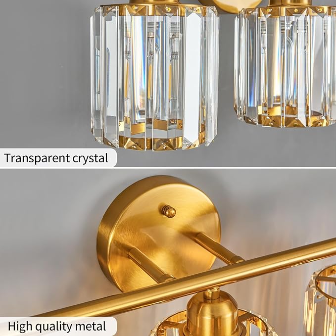 FDPBY Modern 3 Light Crystal Vanity Light, Brushed Gold Vertical Bathroom Light Fixture Over Mirror for Dressing Table Sink, Compatible with Dimmable Bulbs (Bulbs Not Included)