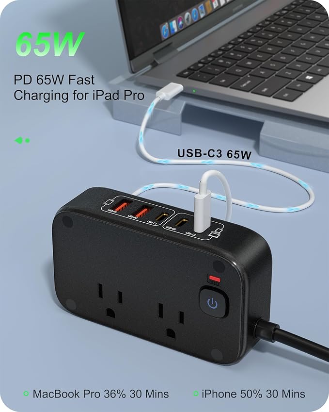 KWRNVO 7-in-1 Power Strip, PD GaN 65W USB C Power Strip with 3 USB-C, 2 USB-A Ports and 2500W AC Outlet, Flat Plug Essentials for Home/Office/College/Travel (Pearl Black, 65W)