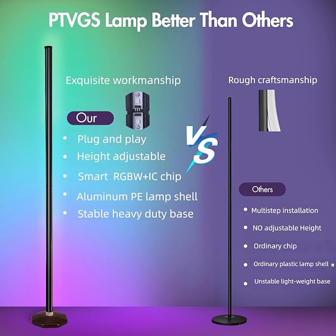 PTVGS LED RGB Corner Lamp: Smart RGB LED Corner Floor Lamp Adjustable Height with 16 Millon RGBWIC Color Changing Lights 300+ Scene,Music Sync&Timer,Ambient Lighting for Living Room,Bedroom,Game Room