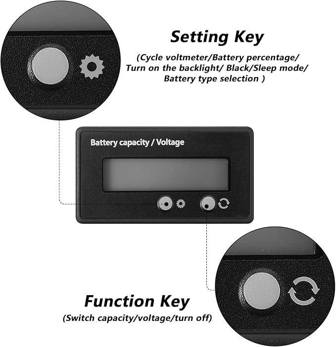Frienda 2 Pieces Dc 12v 24v 36v 48v 60v 72v 84v Golf Cart Battery Meter with Alarm, Front Setting and Switch Key Battery Capacity Voltage Indicator Gauge Acid and Lithium Ion Indicator(White)