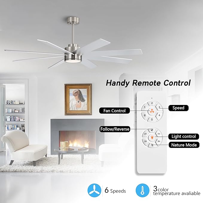 WINGBO 60" Large DC Ceiling Fans with Lights and Remote, 3 Downrods, 8 Plywood Blades, 6-Speeds Reversible DC Motor, 3CCT, Indoor Ceiling Fan for Bedroom Living Room Patio, Brushed Nickel and Silver