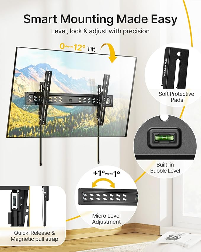 monTEK Ultra Slim Tilting TV Wall Mount Bracket for 43–95" Flat & Curved TVs, 1.2" Low Profile, Anti-Glare Tilt, Holds 150 lbs, Supports VESA 800x400, Fits 16"/18"/24"/32" Studs, TM1006W-LT