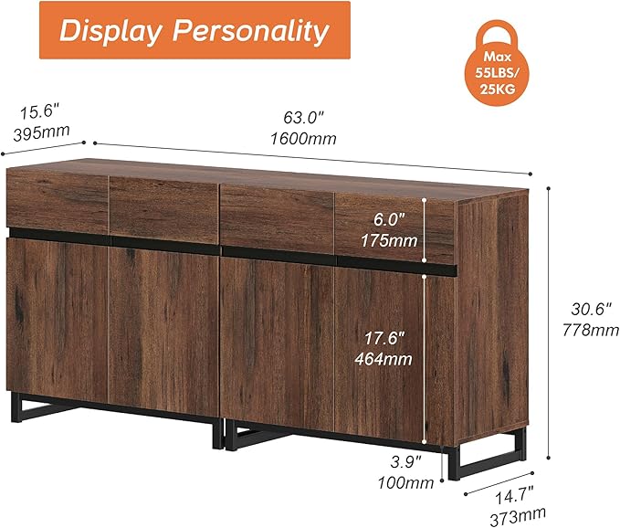 Wampat Modern TV Stand for up to 70 inch TVs, 2 in 1 Entertainment Center with Adjustable Shelves and Metal Base for Living Room, Bedroom, Brown