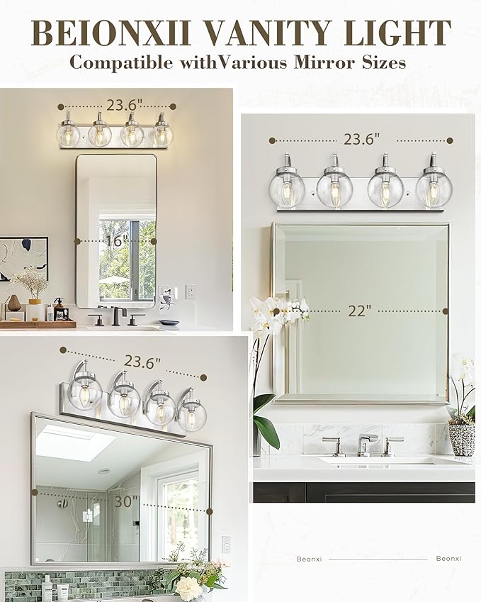 Beionxii 4-Light Bathroom Light Fixtures, Brushed Nickel Bathroom Vanity Light Over Mirror, Modern Vanity Lights with Clear Glass Shade for LivingRoom Hallway, BX-VL03BN-4CG