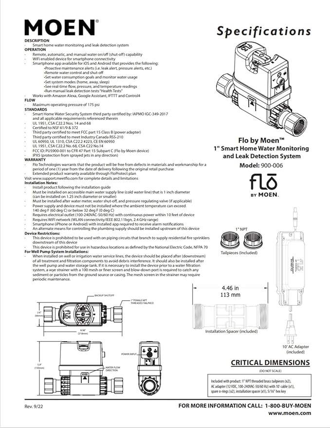 Moen Flo Smart Water Monitor and Automatic Shutoff Sensor, Wi-Fi Connected Water Leak Detector for 1-Inch Diameter Pipe, 900-006