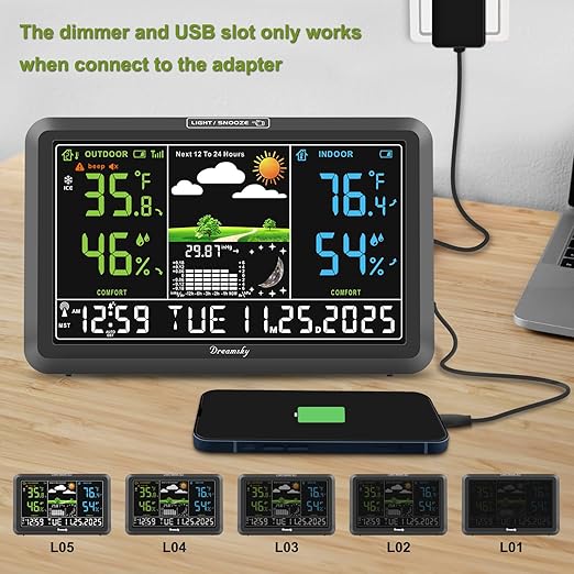 DreamSky Weather Station Indoor Outdoor Thermometer Wireless with Digital Atomic Clock for Home, Large Display with Dimmer, USB, Inside Outside Temperature Humidity Monitor (Adapter Powered)-2 Sensor