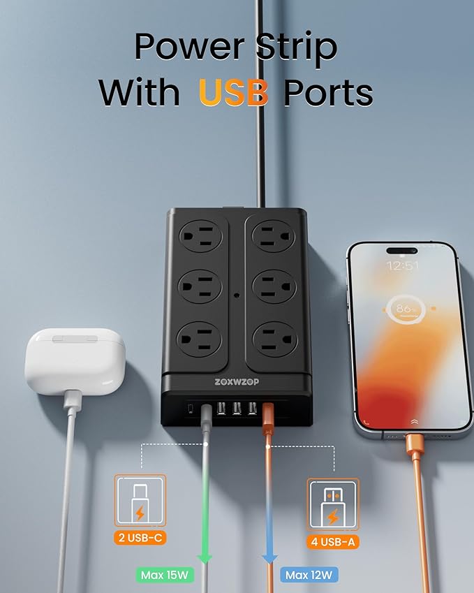 Zoxwzop Surge Protector Power Strip - 12 Outlets(1850W/15A) 6 USB Ports（2 USB C, 6FT Flat Plug Extension Cord, Wall Mount Multi Plug Outlet Extender, ETL Listed for Home, Dorm Room