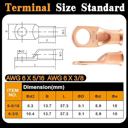 20PCS 6 AWG 5/16 3/8 inch Battery Cable Lugs,6 Gauge Copper Crimp Connector Ring Terminal Wire Ends with 20pcs 3:1 Adhesive Heat Shrink Tubing in Dual-neck Bottle