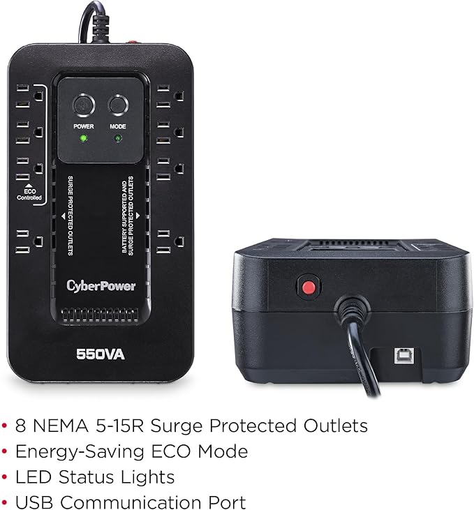 CyberPower EC550G Ecologic UPS Battery Backup and Surge Protector, 550VA/330W, 8 Outlets, ECO Mode, Compact, UL Certified