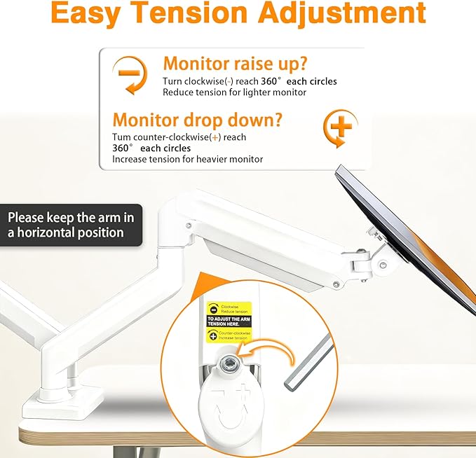 XEVKZO Dual Monitor Arms, Gas Spring Monitor Arms for 2 Monitors up to 34" Curved/Flat, 22lbs per Arm, VESA Mount 75x75 100x100mm, C-Clamp & Grommet Base, Adjustable Tilt/Swivel/Rotation White