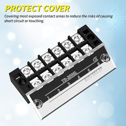 Joinfworld 35A Terminal Block 6 Position Screw Terminal Strip Dual Row with Cover & 6 Position Pre-Insulated Terminal Jumper Block - 2 Pack
