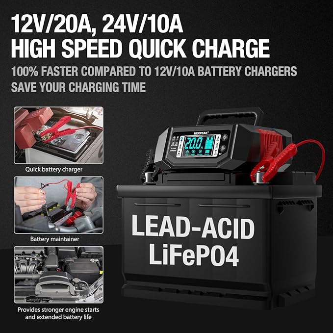 NEXPEAK 1-20A Battery Charger, Trickle Charger Car Battery Charger 12V 24V LiFePO4 Lead Acid Smart Battery Maintainer with Adjustable Current for Car Truck Lawn Mower Boat Marine