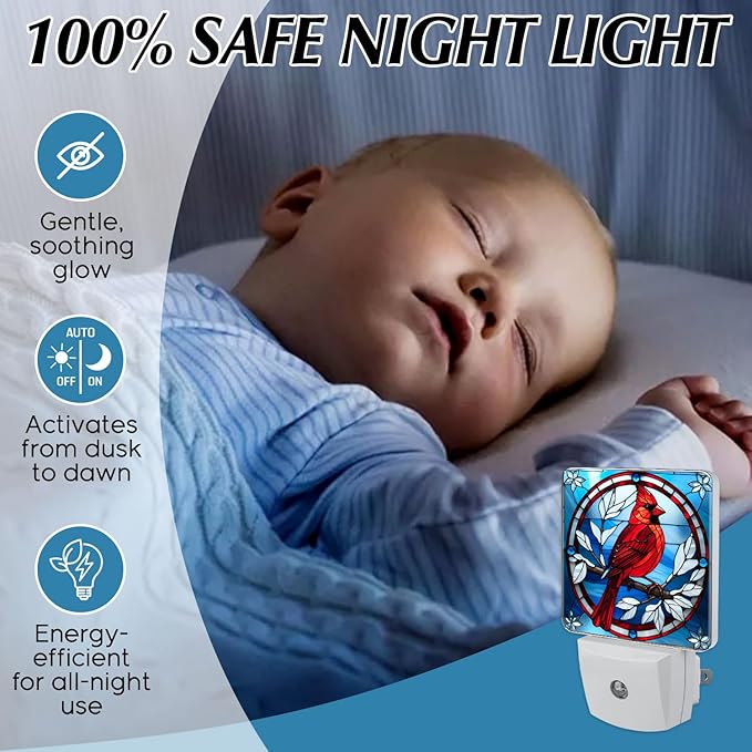 PODMemory Cardinal Stained Glass Night Lights Plug into Wall for Room, Cardinals Night Light LED for Bedroom