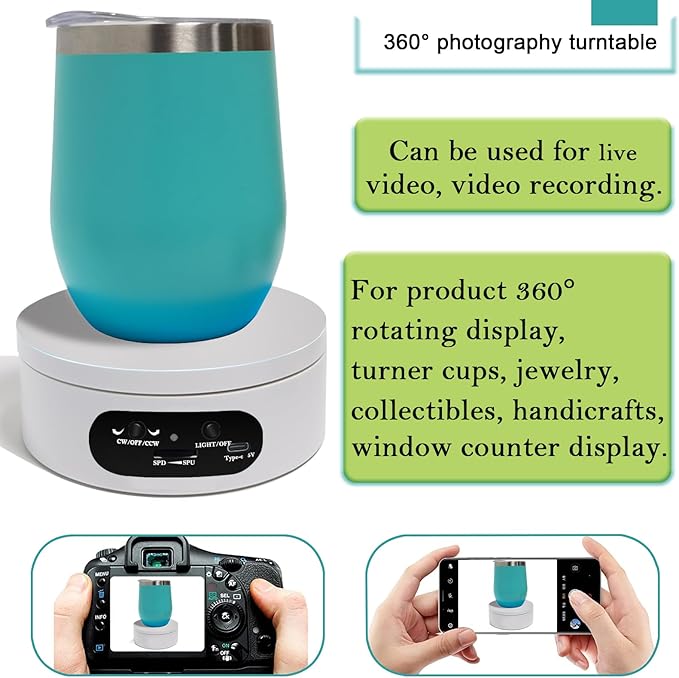 YVV Rotating Display Stand, Spinning Display Stand with Colored Lights, Lighted LED Base for Glass Art , Electric & Battery-Operated Platform 4.72in, Adjustable Speed Electric Turntable White