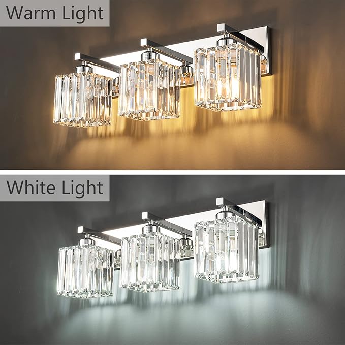FDPBY Modern Bathroom Vanity Light 3-Lights Chrome Crystal Bathroom Wall Light Vanity Light Fixtures，20.47-inch Modern Minimalist Design