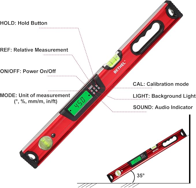 24 inch Digital Magnetic Level, Digital Smart Torpedo Level Tool ElectronicLevel Tool and Protractor - Master Precision - IP54 Dustproof and Waterproof with Carrying Bag